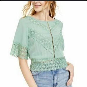Self Esteem Green Crochet Lace-trim Bell Sleeve Crop Top Blouse Size small